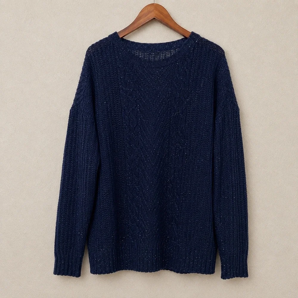 Aerie Navy Blue Confetti Cable Knit Sweater Womens Medium Crewneck Wool Blend